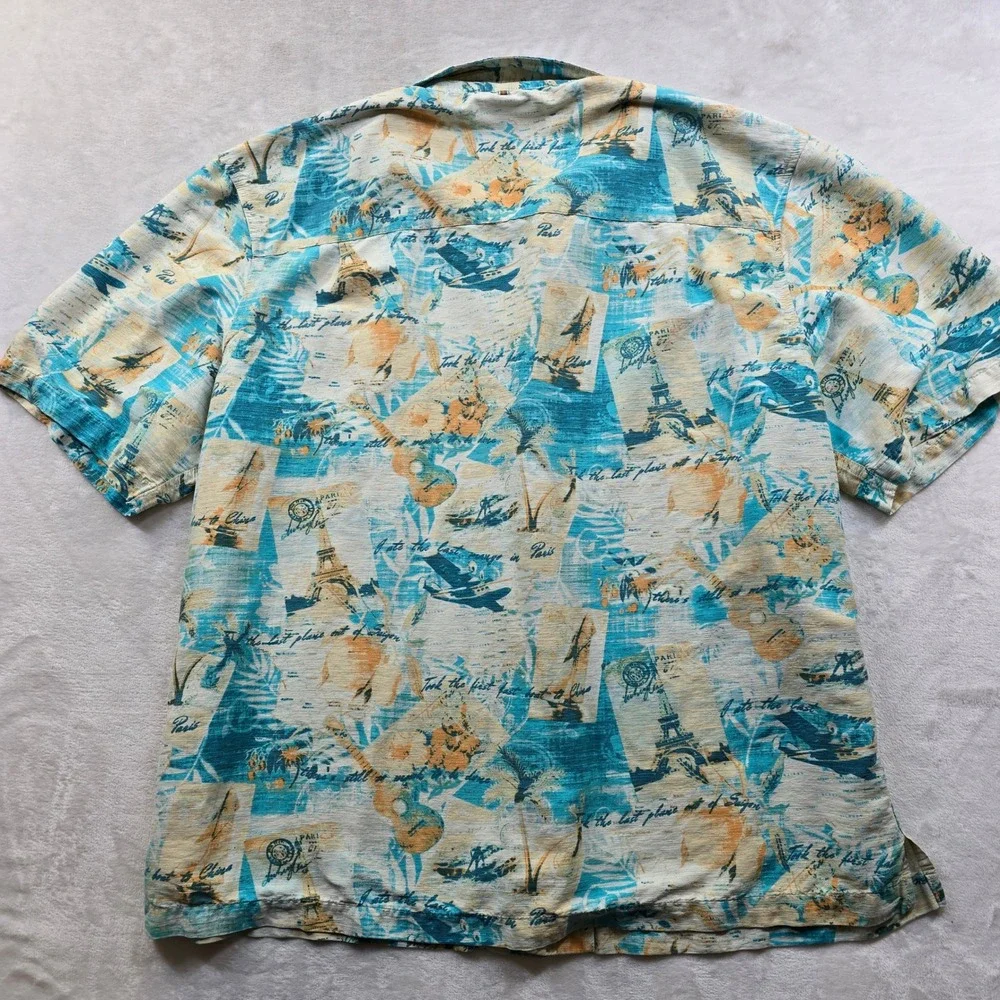 Margaritaville Silk Shirt Mens XL Blue Tropical Travel Eiffel Tower Button‎ Down